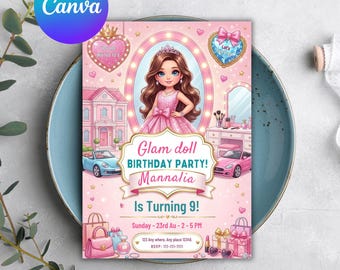 Glam Doll Birthday Invitation, Pink Fashion Party Invite, Editable Canva Template (Digital Download)