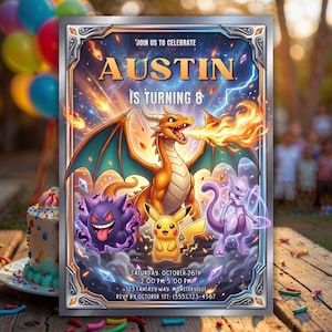 Pokemon Birthday Invitation with Photo, Pikachu Charizard Party, Editable Canva Template Pokemon Card Invite, Digital Download