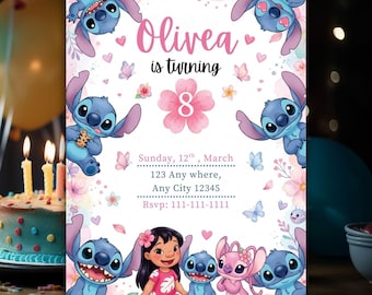 Stitch and Angel Birthday Invitation, Disney Lilo Party Invite, Girl Bday Card