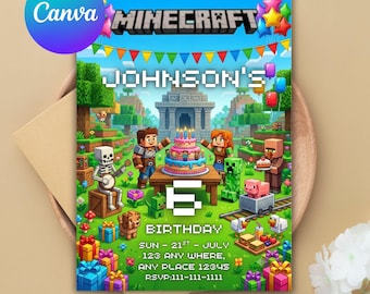 Pixel Block Birthday Invitation: Editable Gamer Party Template (Digital Download)