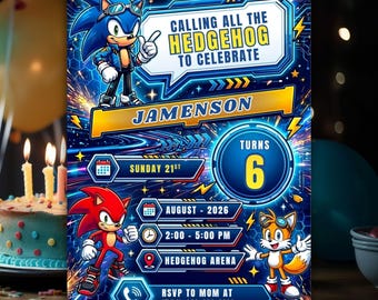 Sonic Birthday Invitation, Sonic Party Invite, Editable Canva Template, Digital Instant Download