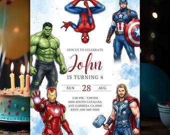 Avengers Birthday Invitation, Watercolor Superhero Party Invite (Digital Download)
