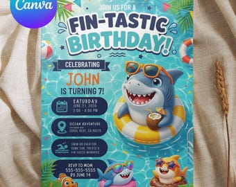 Shark Birthday Invitation, Pool Party Invite, Under The Sea Ocean Theme (Editable Canva)