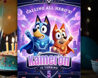 Blue Dog Superhero Birthday Invitation, Kids Party Template (Digital Download)