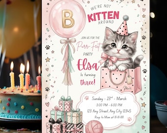 Kitty Cat Birthday Invitation, Purr-fect Party Invite, Editable Canva Template, Printable Digital Download