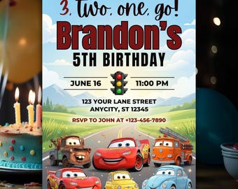 Cars Lightning McQueen Birthday Invitation, Editable Canva Template (Digital Download)
