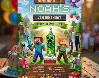 Minecraft-Geburtstag für Jungen, Pixelblock-Geburtstagseinladungsvorlage, Gamer-Einladung, hochwertige Canva-Vorlage