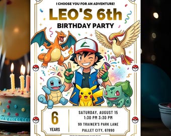 Pokemon Birthday Invitation Template, Adventure Party Invite, Editable Canva Printable Instant Download Digital