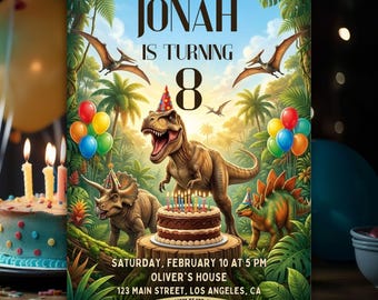 Dinosaur Birthday Invitation – Jurassic Jungle & T-Rex Theme Digital Invite, Editable Canva Template, Roarsome Kids Party, Instant Download.