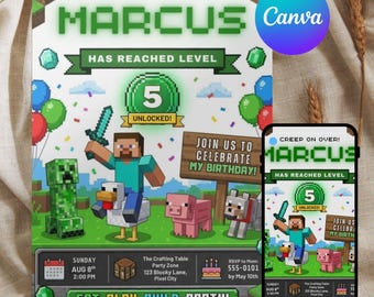 Pixel Block Gamer Birthday Invitation, Level Up Party Template (Instant Canva Download)