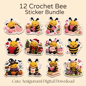 Peut inclure: Un lot de 12 autocollants représentant des abeilles au crochet jaunes et noires dans diverses activités, comme dormir, bricoler, fêter des événements et lire. Le texte 12 Crochet Bee Sticker Bundle et Cute Amigurumi Digital Download est inclus.
