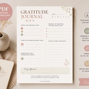 Peut inclure: Un journal de gratitude imprimable au design minimaliste. Le journal comprend des invites pour la réflexion quotidienne, telles que les choses pour lesquelles vous êtes reconnaissant et les choses qui vous ont fait sourire. Le texte "PDF Téléchargement instantané" est visible.