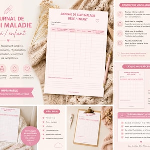 Puede incluir: Un diario de seguimiento de enfermedades para bebés y niños imprimible en rosa y blanco. El documento incluye columnas para fecha, temperatura, medicación, hidratación, alimentación, sueño y síntomas, con una sección para notas e iconos.