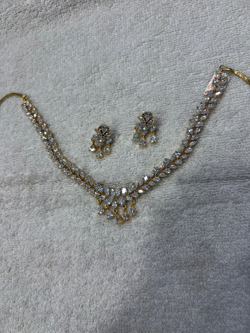 Gold CZ Necklace Set, Marquise Cubic Zirconia Jewelry, Indian Wedding ...