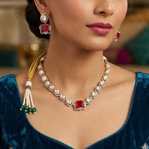 Red Stone Kundan Necklace Set with Earrings, Uncut Polki Choker, Indian Bridal Jewelry Set, Ruby Red Statement Necklace, Wedding Jewelry
