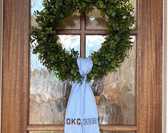 OKC Thunder Playoff Wreath Sash | Personalized Blue Gingham Door Decor