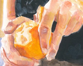 Pintura al gouache: Manos pelando naranja, obra original de Riley Galpin.