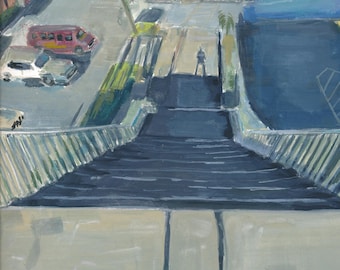Acrylic Landscape Painting: Shadow on Stairs, Original Artwork by Riley Galpin