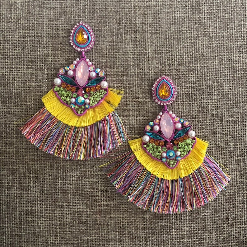Bead Round Dangle Earrings Sequin Earrings Neon Earrings Statement Jewelry Pom Pom Earrings