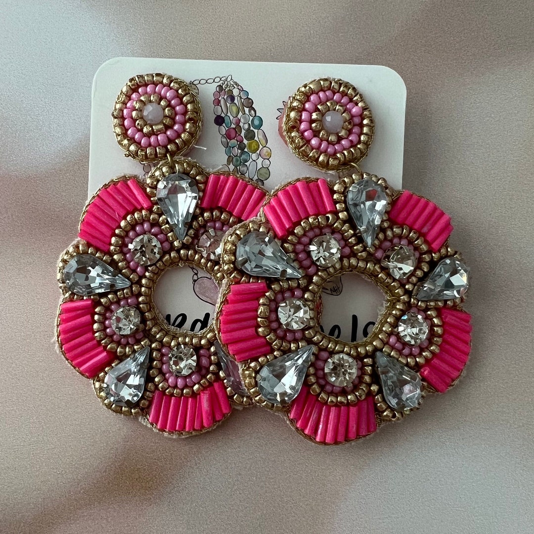Beaded Pink Jacket Earrings, Bachelorette Earrings, Cowgirl Earring