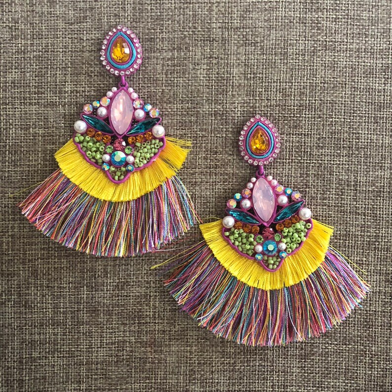 Bead Round Dangle Earrings Sequin Earrings Neon Earrings Statement Jewelry Pom Pom Earrings
