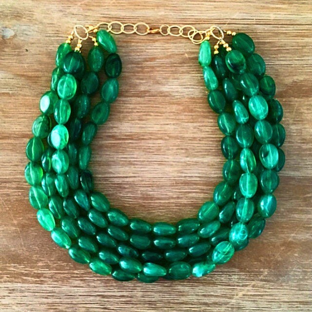 Green Statement Necklace Chunky Beaded 