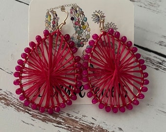 Lightweight Earrings - Statement Earrings Crystal Statement Jewelry Beaded Earrings - Thames Earrings in Bright Pink