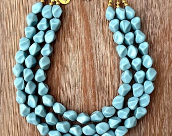 THREE Strand Castle Hill Necklace Blue Beaded Necklace – Chunky Beaded Necklace Handmade in Castle Hill Blue Bead Necklace