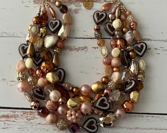 Heart Bead Necklace - Chunky Beaded Statement Necklace MultiStrand Necklace brown Necklace