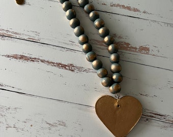 hand painted wood necklace - hand painted clay heart - metallic gold necklace - long layering jewelry - mint necklace - gold necklace