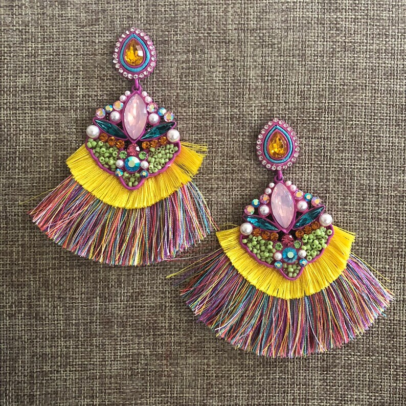 Bead Round Dangle Earrings Sequin Earrings Neon Earrings Statement Jewelry Pom Pom Earrings