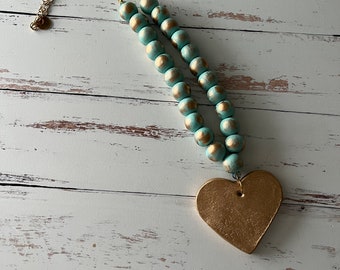 hand painted wood necklace - hand painted clay heart - metallic gold necklace - long layering jewelry - mint necklace - gold necklace