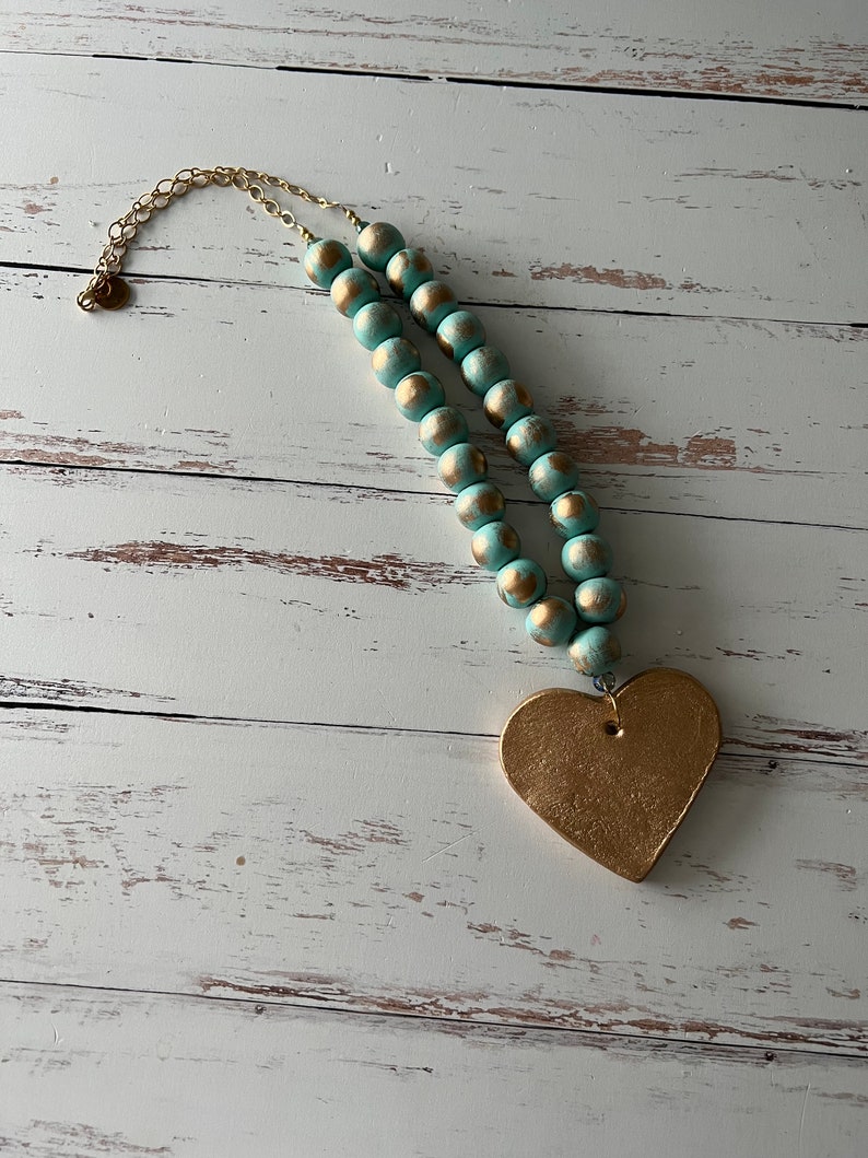hand painted wood necklace hand painted clay heart metallic gold necklace long layering jewelry mint necklace gold necklace image 1