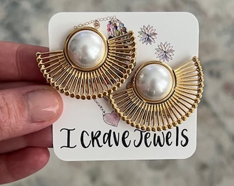 Pearl & Gold Statement Earrings - Nantucket Jewelry - Beach Chic - Statement Earring - Pearl Earrings