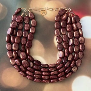 Red Gold Bead Necklace - Chunky Beaded Statement Necklace MultiStrand Necklace Necklace