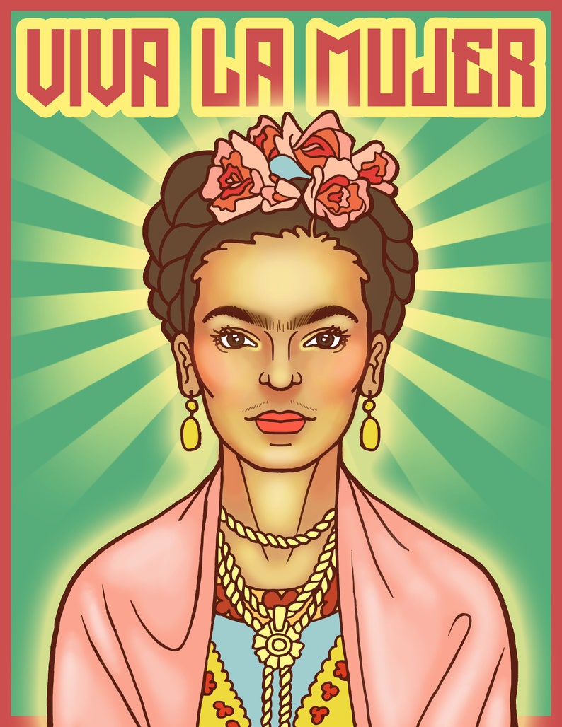May include: A colorful illustration of a woman with a flower crown, wearing a pink shawl and a necklace with a large gold pendant. The background is a green and yellow radial pattern with the text "VIVA LA MUJER" at the top.