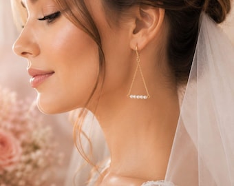 Geometric Pearl Triangle Dangle Earrings – Gold Tone Bridal Bridesmaid Jewelry