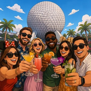 May include: An illustration of a group of people toasting cocktails in front of a large geodesic sphere and palm trees. The people are smiling and wearing sunglasses, some with Mickey Mouse ears. The drinks are colourful.