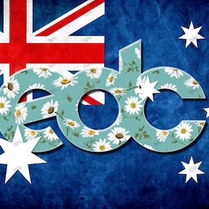May include: An image featuring the Australian flag with the letters "GDC" in a floral pattern. The letters are filled with a light blue background and white daisies. The flag has a blue background with white stars.