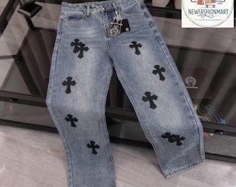 Jean bleu à écusson croisé | Pantalon en jean gothique | Jean streetwear de l'an 2000
