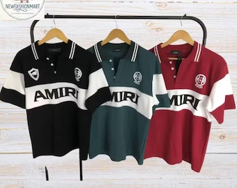 AMIRI風Tシャツ、カジュアルストリートウェアトップス、カラーブロックカラーTシャツ、トレンディなサマーファッションシャツ