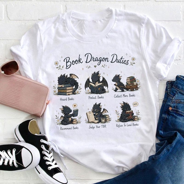 Book Dragon Duties Shirt, Reading Teacher T-Shirt, Librarian Tee, Book Lover Gift, Fantasy Dragon Classroom Shirt