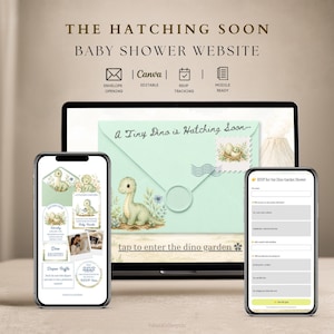 May include: A digital baby shower website template featuring a dinosaur theme. The screen displays an envelope graphic with the text A Tiny Dino is Hatching Soon and a button labelled tap to enter the dino garden. Includes mobile and desktop views.