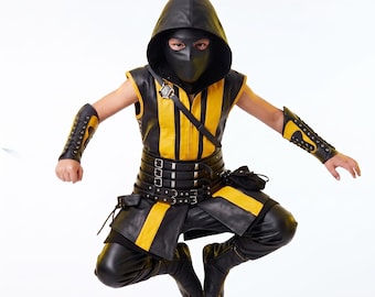 Kids Ninja Costume | Leather Warrior Costume for Boys Girls | Handmade Halloween Cosplay Outfit, Faux Leather, Hood Vest Belt Arm Guards