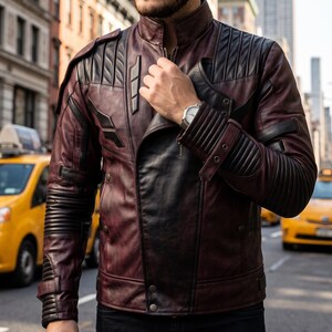 Maroon Leather Jacket Men, Cosmic Ranger Quilted Biker Jacket, Sci-Fi Cosplay Costume, Space Adventurer Style