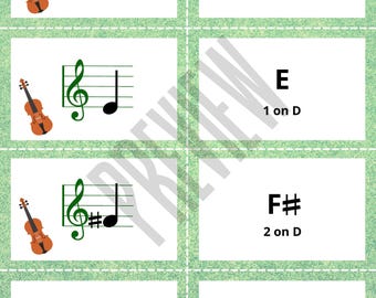 Tarjetas didácticas para violín con cuerdas D y A