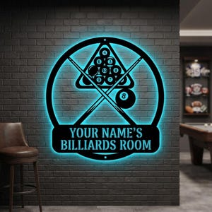 Custom Billiards Room LED Metal Sign, Pool Table Wall Art