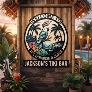 Personlig metallskylt för Tiki Bar, anpassad skylt med tropisk papegoja, väggdekoration med paradisklocka, skylt med poolbar i trädgården, present till Tiki Hut
