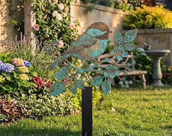 Gartenstecker „Schwarzkopfmeise“, Frühlingsblüten-Gartendekoration