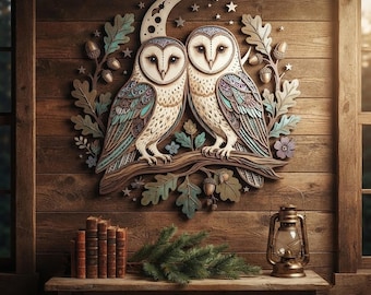 Decoración de pared metálica de pareja de búhos comunes, decoración de familia de búhos, adorno de pared de búho lunar, letrero metálico de aves del bosque, regalo rústico de naturaleza para cabaña